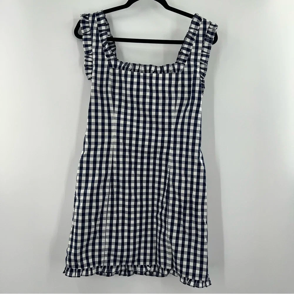J Crew NWT Ruffle-trim Stretch Cotton Poplin Mini Dress in Gingham Navy size 6 - Picture 3 of 11